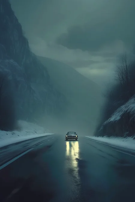 <lora:Roger Deakins Style:1>Roger Deakins Style - a car on an eerie mountainous road in the Annecy region, a snow storm is coming, captured in a psychological thriller style with the visual aesthetic of Roger Deakins as the director of photography