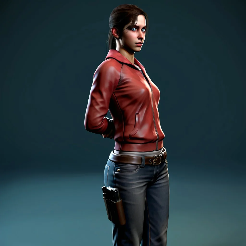 dark hair tied up, light skin, dark blue eyes, red hooded jacket, gray t-shirt underneath, dark jeans, belt with a gun holster, gray converse shoes