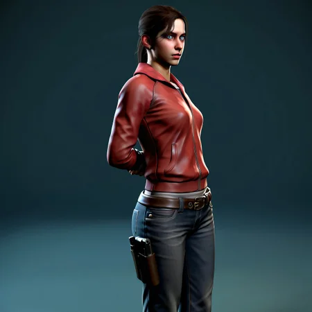dark hair tied up, light skin, dark blue eyes, red hooded jacket, gray t-shirt underneath, dark jeans, belt with a gun holster, gray converse shoes