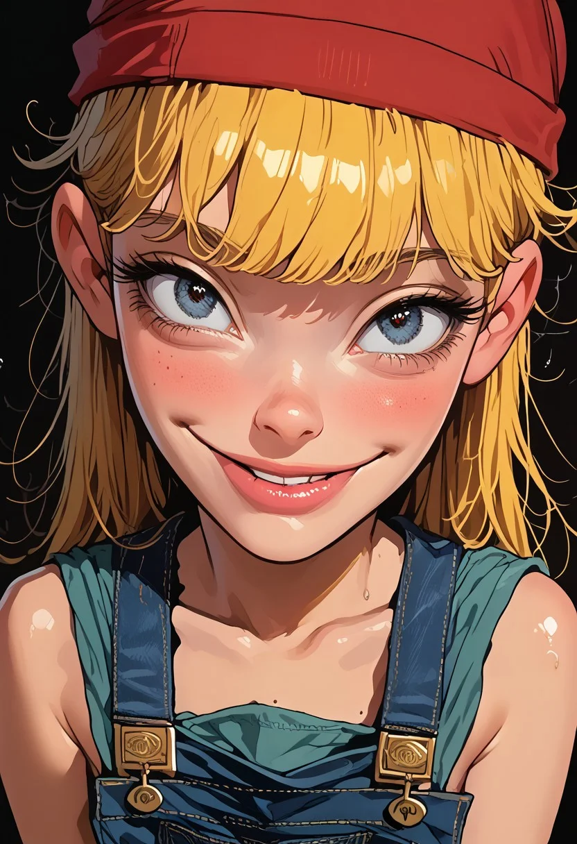 score_9, score_8_up, score_7_up, score_6_up, rating_explicit, realistic, solo focus, a woman, perfect cute face, natural breasts, looking at viewer,
nat, thick lips,  1girl, solo, breasts, ,upper view , , solo, add detailed eyes,portrait , cold soft lighting, well-lit, shiny skin, perfect thin waist, perfect round ass, perfect reflection, perfect lighting, perfect shadows, source_anime, cute 18 year old girl, big eyes, looking at viewer, small breasts, (Lana Loud, ,overalls,red headwear, blonde hair, smile,,), parted lip, view from side, eye level, cowboy shot, Fixhand.