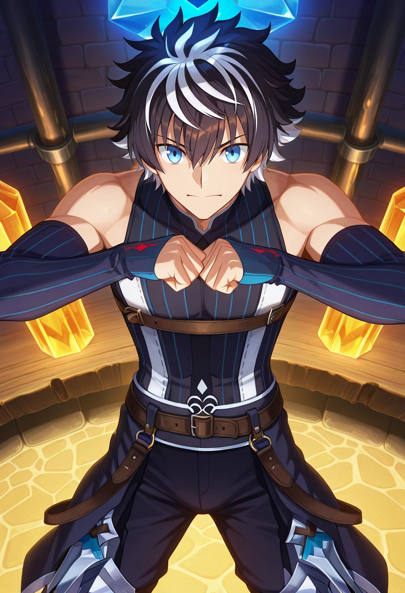 masterpiece, best quality, , anime screencap, anime coloring, official style, looking at viewer, 1boy, solo, male focus, <lora:charlemagne_fate_ilxl:0.96>, charlemagne_fate, black hair, blue eyes, multicolored hair, white hair, two-tone hair, short hair, hair between eyes, bangs, streaked hair, , crystal forge, gem anvils, light furnaces, crafting stations, smithing pose, intense expression, forge lighting, Herringbone Board pants, Mosaic Dark brown Sateen Striped Henley shirt, , ,