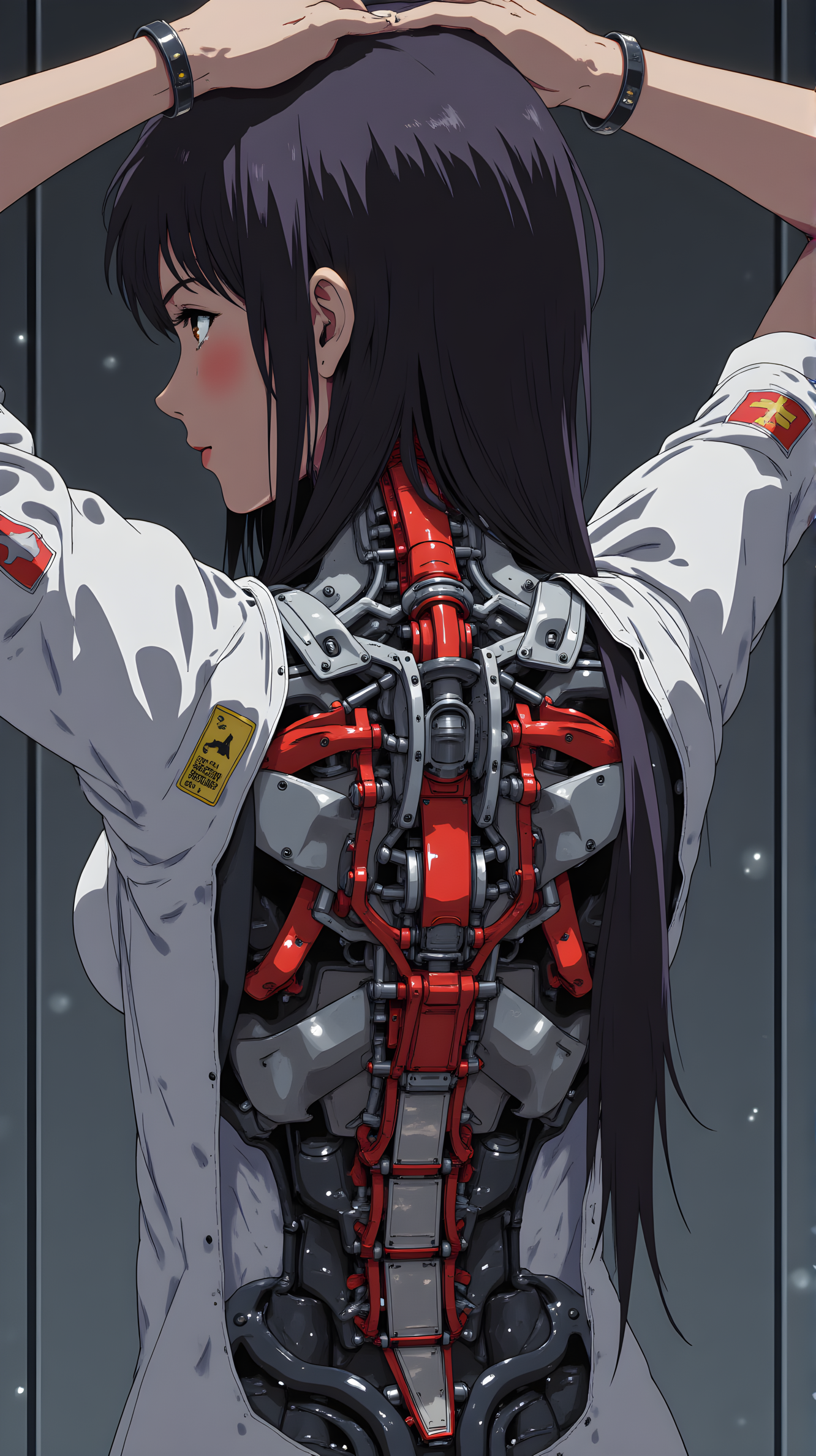 an anime-style character with long black hair is shown from the back her head is slightly tilted to the side revealing a complex mechanical structure where her neck and upper spine should be this structure includes red and silver components that resemble a robotic or cybernetic enhancement she is wearing a white outfit with some details like patches and labels visible on the sleeve the background is dark and out of focus drawing attention to the intricate design of the mechanical parts and the contrast between the organic human features and the artificial enhancements
j_art, anime, anime art, <lora:FLUX\jul\J_Anime:1.0>, <lora:FLUX\Anime Art V3:0.1>, <lora:FLUX\RM_Artistify_v1.0M:0.1>, <lora:FLUX\RetroAnimeS1.1:0.1>