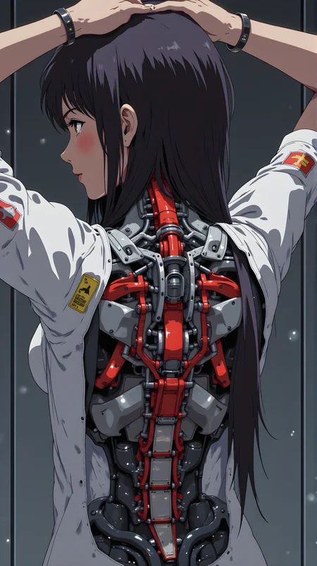 an anime-style character with long black hair is shown from the back her head is slightly tilted to the side revealing a complex mechanical structure where her neck and upper spine should be this structure includes red and silver components that resemble a robotic or cybernetic enhancement she is wearing a white outfit with some details like patches and labels visible on the sleeve the background is dark and out of focus drawing attention to the intricate design of the mechanical parts and the contrast between the organic human features and the artificial enhancements
j_art, anime, anime art, <lora:FLUX\jul\J_Anime:1.0>, <lora:FLUX\Anime Art V3:0.1>, <lora:FLUX\RM_Artistify_v1.0M:0.1>, <lora:FLUX\RetroAnimeS1.1:0.1>