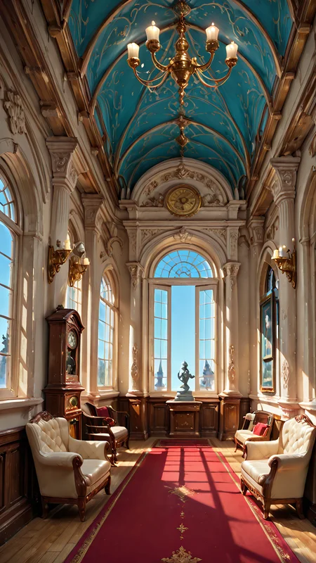Grand hall of a stately mansion, double staircase, red carpet, light teal walls, wooden paneling, classic style, elegant decor, antique style, ornate chandelier, (wooden banister:1.1), (large windows:1.2) with blue sky visible, (detailed stone carving:1.2), (statue at center), richly decorated interior, (wooden furniture:1.2), antique grandfather clock, armchair, (white upholstery:1.1), wall paintings, (various paintings:1.1), soft lighting, warm light, detailed lighting, composition symmetrical, perspective is standard, calm atmosphere, interior shot, (high-detail architectural elements:1.2), no humans, (accurate details of design:1.1), (realistic decor:1.1),
SmoothNoob_Quality