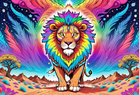 A huge incredible lion is walking along the colorful psychedelic dunes of ((desert)). the lion's mane shimmers with all the colors of the rainbow. it feels like a lion is burning with a multicolored flame. background: a black night with rare large stars. the inscription on the picture: "Graógramán" (the whole picture resembles an acid trip. front view)