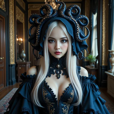 (Zhan Yihung V2:1.9),
A portrait of an elegant,pale woman with OctopusHat white hair and dark eyes,wearing attire inspired by the sea and adorned with octopus tentacles that wrap around her head like a headdress,set in a luxurious palace room. The style is hyper-realistic photography,blending gothic horror elements with fantasy. The color palette includes deep blues,black tones,and golden accents.,
<lora:Zhan_Yihung_v2:1.5>,<lora:midjourney_whisper_flux_lora_v01:0.5>,<lora:Ars_MidJourney_Watercolor:0.1>,<lora:Fiatist_Skin:0.1>,<lora:Octopus_Hat:1>,