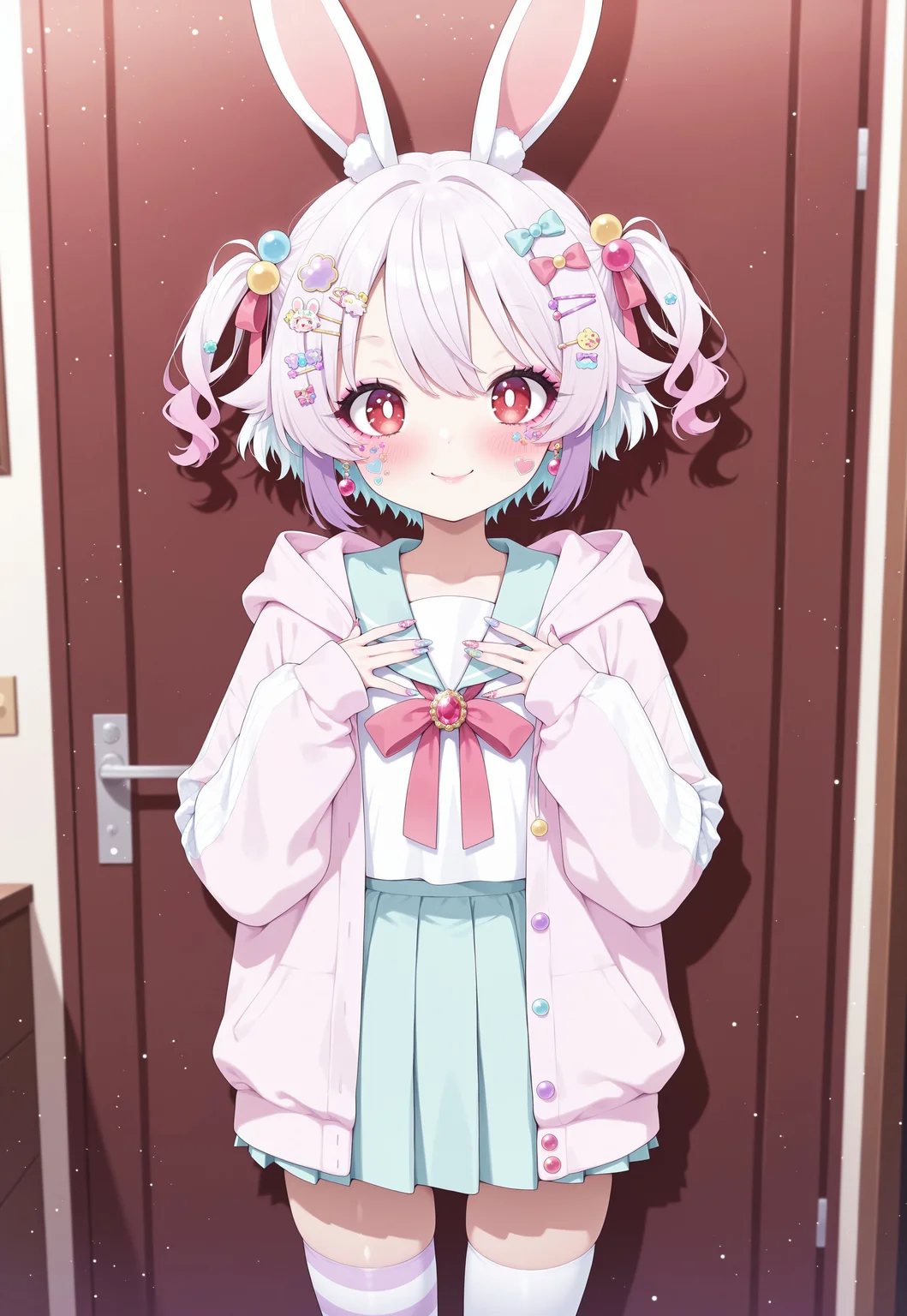 1girl, usami-chan, short hair, white hair, red eyes, bright pupils, multicolored hair, gradient hair, pink highlights, hair ribbon, hair ornament, (too many hair ornaments:1.2), hairpins, hair bobbles, masterpiece, best quality, absurdres,
(yume kawaii, decora:1.2), pastel colors, pastel pink, pastel blue, pastel purple, pastel serafuku, layered clothes, pastel pink jacket, ribbed jacket, hood down, sleeves past wrists, pastel purple blouse, mismatched thighhighs, white thighhighs, striped thighhighs, bows, ribbons, earrings, gem brooch, jewelry,
lipgloss, long eyelashes, eyeshadow, blush, kawaii makeup, nail polish, long fingernails, multicolored nails, (nail art:1.2),
indoors, solo, cowboy shot, smile, looking at viewer, hands on own chest, sticker on face, sticker on hair,
intricate, highly detailed, majestic, shallow depth of field, movie still, circular polarizer, light particles, particles