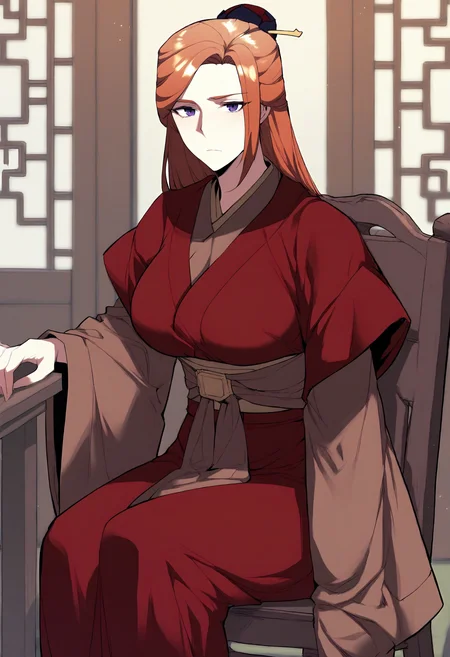 score_9, score_8_up, score_7_up, score_6_up, source_anime, rating_explicit, 1girl, solo, huge breasts, <lora:Tang Hualian prefectPonyxl:0.9> long hair, hair ornament, brown hair, purple eyes, hair stick, orange hair, half updo, chinese clothes, red robe, brown kimono, long sleeves, wide sleeves, sash, expressionless, indoors, looking at viewer, sitting, on chair, table
