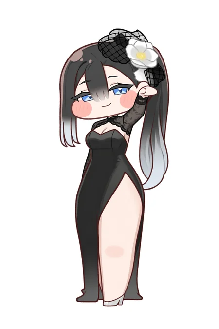 (trickcalcg), (chibi, chibi only:1.3), blush, blush stickers, 
1girl, solo, long hair, breasts, looking at viewer, blush, smile, blue eyes, simple background, black hair, long sleeves, hair ornament, dress, hair between eyes, closed mouth, cleavage, very long hair, medium breasts, standing, full body, ponytail, flower, multicolored hair, sidelocks, thighs, shoes, hair flower, chibi, black dress, arm up, high heels, side ponytail, strapless, clothing cutout, black headwear, bare legs, gradient hair, thick thighs, blush stickers, white footwear, transparent background, cleavage cutout, white flower, veil, side slit, black sleeves, long dress, shrug (clothing), grey footwear, black veil, blanchet \(trickcal\), blanchet \(trickcal\) \(actress of the awards ceremony style\), 
(masterpiece, best quality, absurdres, highres, newest, very awa:1.2), 