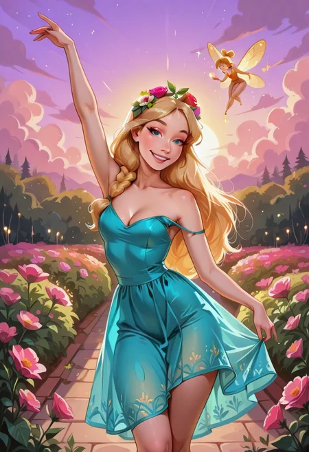 AliceWaifu, 1girl, solo, POH-Illu, flowers, hair flowers, hair ornament,
fae, fairy, playful, sexy, teasing, dancing, in a garden, sunshine, puffy clouds, hazy sunshine,
slender, long hair, braided hair,
intricate sundress, festival dress,
slender hips, tiny waist,
strap slip, cleavage, small breasts,
masterpiece, best quality, newest, absurdres, highres, very awa