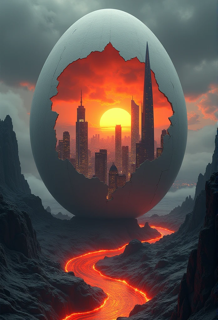 This is a digital artwork depicting a surreal and dramatic scene. At the center of the image is a massive, cracked eggshell, which appears to be made of a smooth, gray material. The eggshell is partially broken, revealing a vibrant, glowing cityscape inside. The cityscape features a mix of modern skyscrapers, including a prominent, tall, dark building with a sharp, pointy top, and various other buildings with illuminated windows, indicating a bustling urban environment. The sky outside the eggshell is a dark, ominous gray, with swirling clouds and a dramatic, fiery sunset. The sun, partially visible through the broken eggshell, is a bright orange, casting a warm, glowing light on the city and the surrounding landscape. The landscape outside the eggshell is rugged and rocky, with jagged, dark gray mountains and a winding, glowing red river that snakes through the scene. The river's surface appears molten, suggesting a volcanic or fiery environment. The overall color palette is dominated by shades of gray, orange, and red, creating a stark contrast between the cool, dark exterior and the warm, glowing interior. The image has a futuristic, fantastical feel, blending elements of science fiction and surrealism.