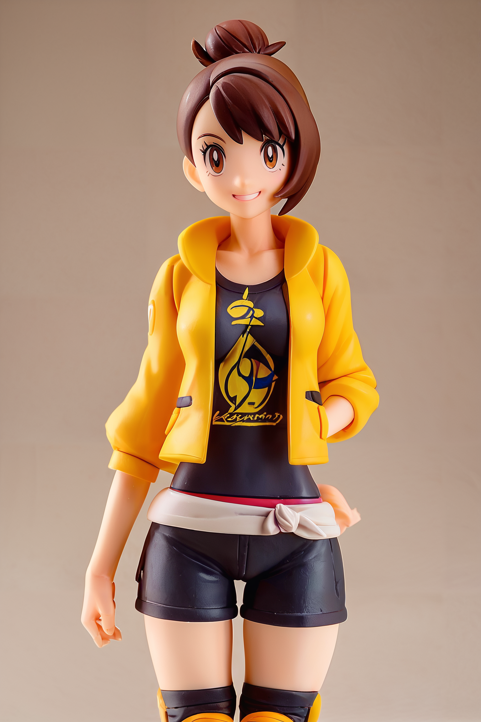score_9, score_8_up, score_8, medium breasts, cute, eyelashes, figure,    gloria (pokemon), gloriaDojo, yellow jacket, black shirt, black shorts, knee pads, short hair, single hair bun, collarbone, cowboy shot, smile, looking at viewer,  <lora:Gloria_Pokemon_P1:0.8>,    <lora:Anime_Figure_P1:1>,