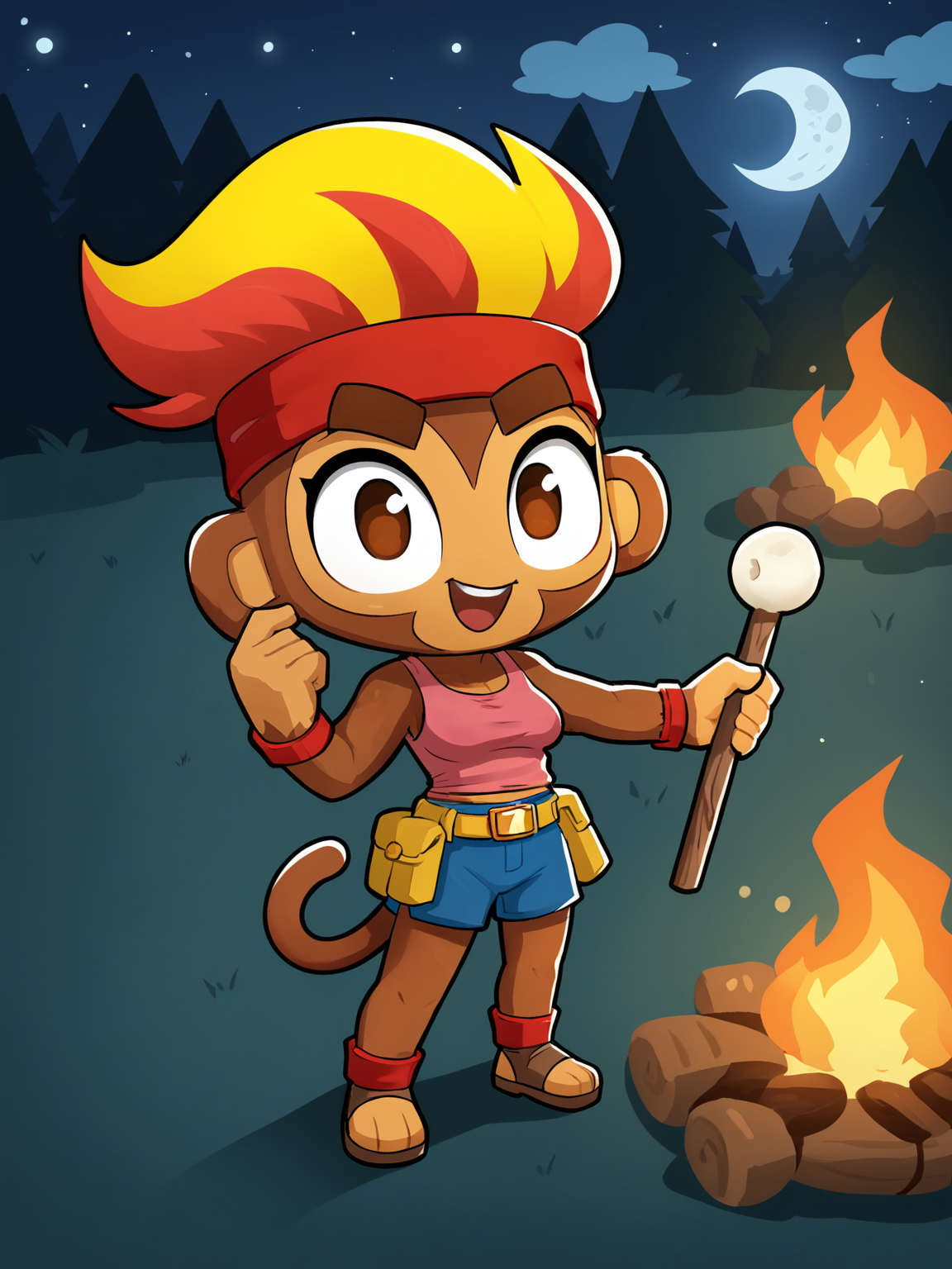 score 7 up,score_6_up,highres,,bushes,night,full moon,moonlight from above,dark forest,campfire,marshmallow, <lora:btd6.v2:0.8>, furry, monkey, btd6, no nose, tail, 1girl, breasts,gwendolin, two-tone hair, red hair, (yellow hair:0.6),red headband, blue overall,(pink shirts:0.6),solo,happy,brown eyes, chibi, red bracelet, yellow belt,