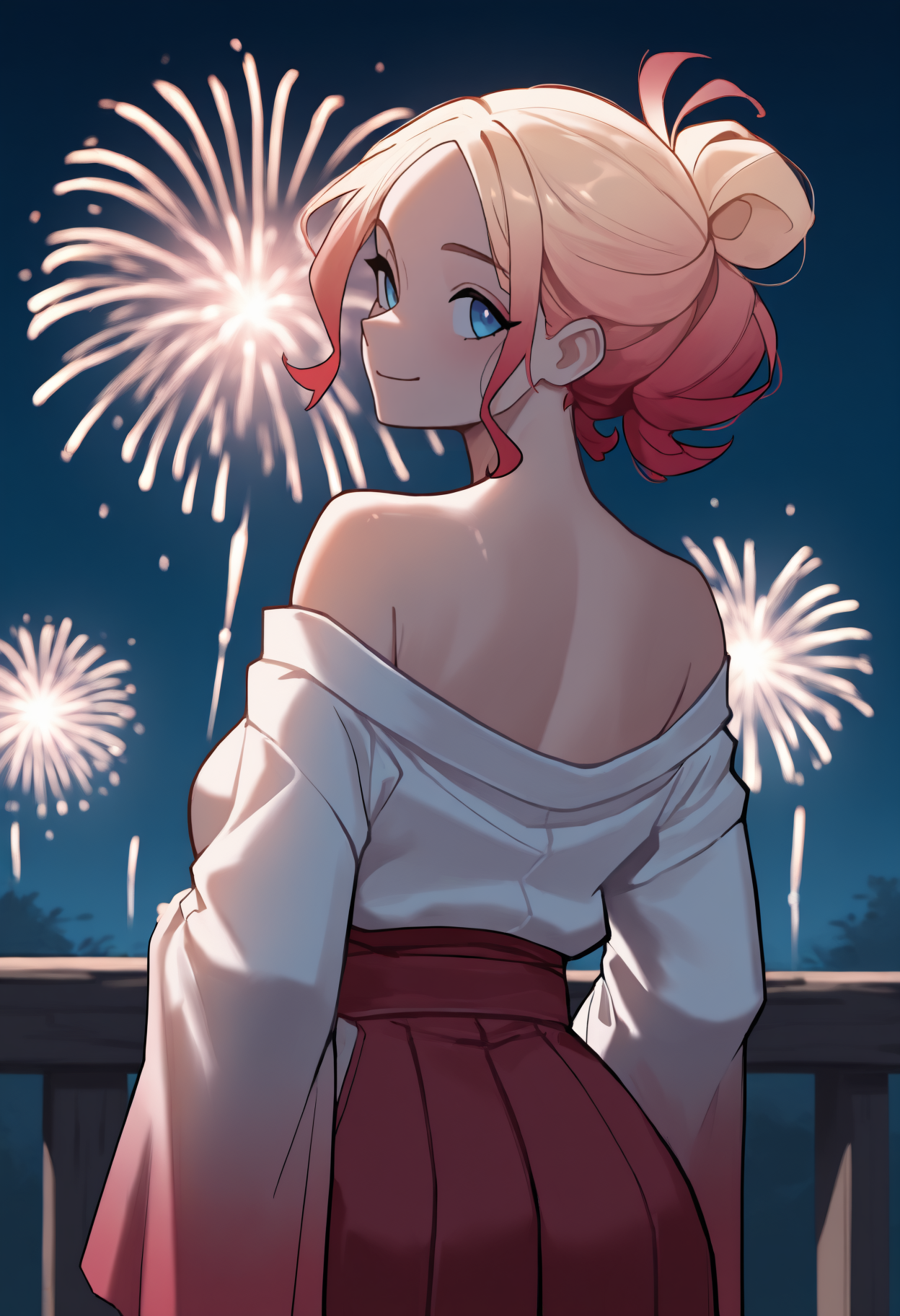 masterpiece, best quality, newest, anime, from behind, solo, 1girl, taun1e, smile, looking back, gradient hair, blonde hair, red hair, parted bangs, blue eyes, japanese clothes, white kimono, off shoulder, red hakama, hakama skirt, bare shoulders, outdoors, night, fireworks
<segment:yolo-Anzhc Face seg 640 v2 y8n.pt,0.4,0.5//cid=1>