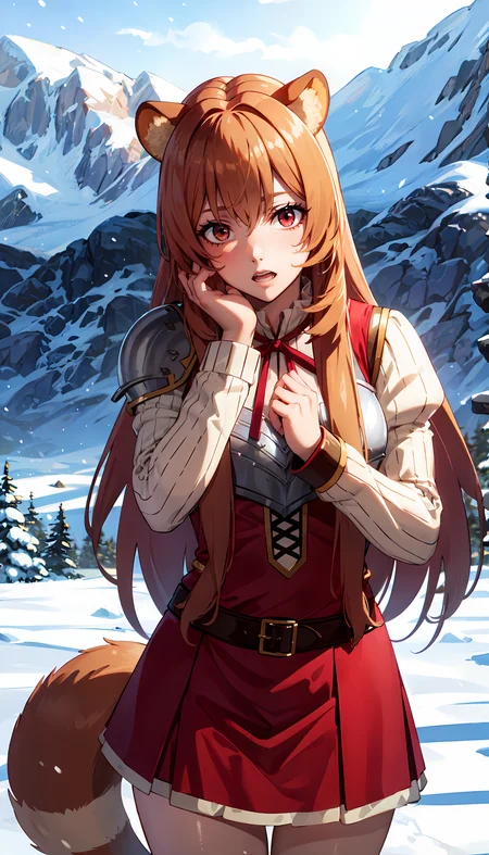 photorealistic, (4k), depth of field, (Masterpiece), (realistic skin texture), extremely detailed, intricate, hyper detailed, professional photography, bokeh, high resolution, sharp detail, best quality, girl, raccoon girl, raccoon ears, animal ears, long hair, brown hair, bangs, red eyes, armor, breastplate, sweater, ribbon, long sleeves, red dress, skirt, <lora:GoodHands-beta2:0.8> , <lora:detail_slider_v4:0.8> , dynamic pose, hands on face, <lora:Raphtalia:0.7>, snowy mountains, snowing, snowflakes, ice, cold, frozen, visible breath, snowstorm,