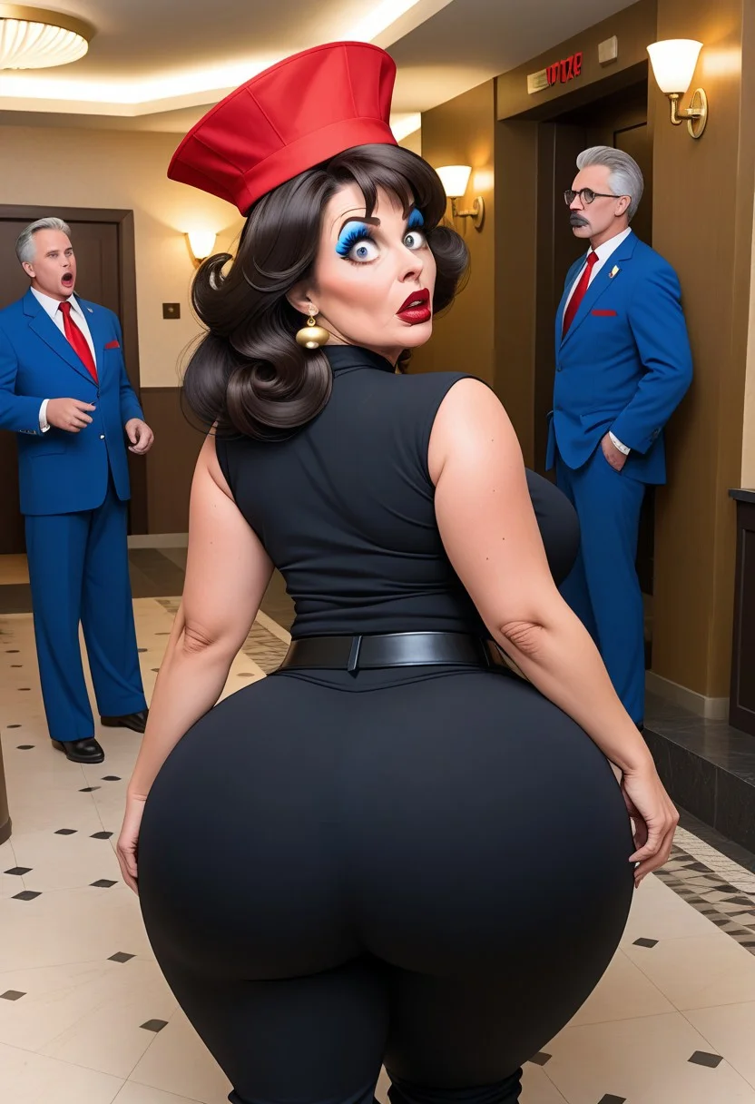 voluptuous misbehaving woman 60 years old
Dark-brown bouffant, blue eyeliner, mascara, red lips, bell hop
Tight bellbottom trousers, trousers too tight, trousers bursting at seams, sharp pleats, very distinctive panty lines, little hat
Shocked-look, big ass, hotel foyer, crowd,
Otk spanking, spanked by town mayor
booty-view, close-up