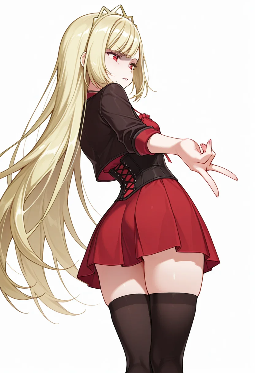 Smooth Quality,masterpiece,very intricate, high quality details, ultra realistic, high detailed skin,detailed enviorement,absurdres,
gyaru v,
 <lora:Ecute_CNR:0.8> ecute_cnr, 1girl, blonde hair, very long hair, red eyes,, simple background, white background, from behind,solo,, disgust,, jacket, ,corset top,  ,socks over thighhighs,  ,