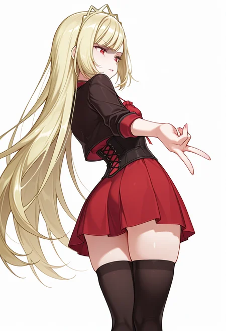 Smooth Quality,masterpiece,very intricate, high quality details, ultra realistic, high detailed skin,detailed enviorement,absurdres,
gyaru v,
<lora:Ecute_CNR:0.8> ecute_cnr, 1girl, blonde hair, very long hair, red eyes,, simple background, white background, from behind,solo,, disgust,, jacket, ,corset top, ,socks over thighhighs, ,