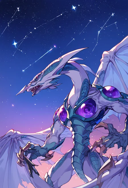score_9,score_8_up,score_7_up,source_anime,zPDXL3,space,night,night sky,star (sky),sky,starry sky,galaxy, constellation,
*//*,<lora:StardustDragon_Pony:1>,stardustdragon_ygo,no humans,solo,duel monster,dragon,wings,tail,claws,horns,
*//*,looking at viewer,cowboy shot,dutch angle,