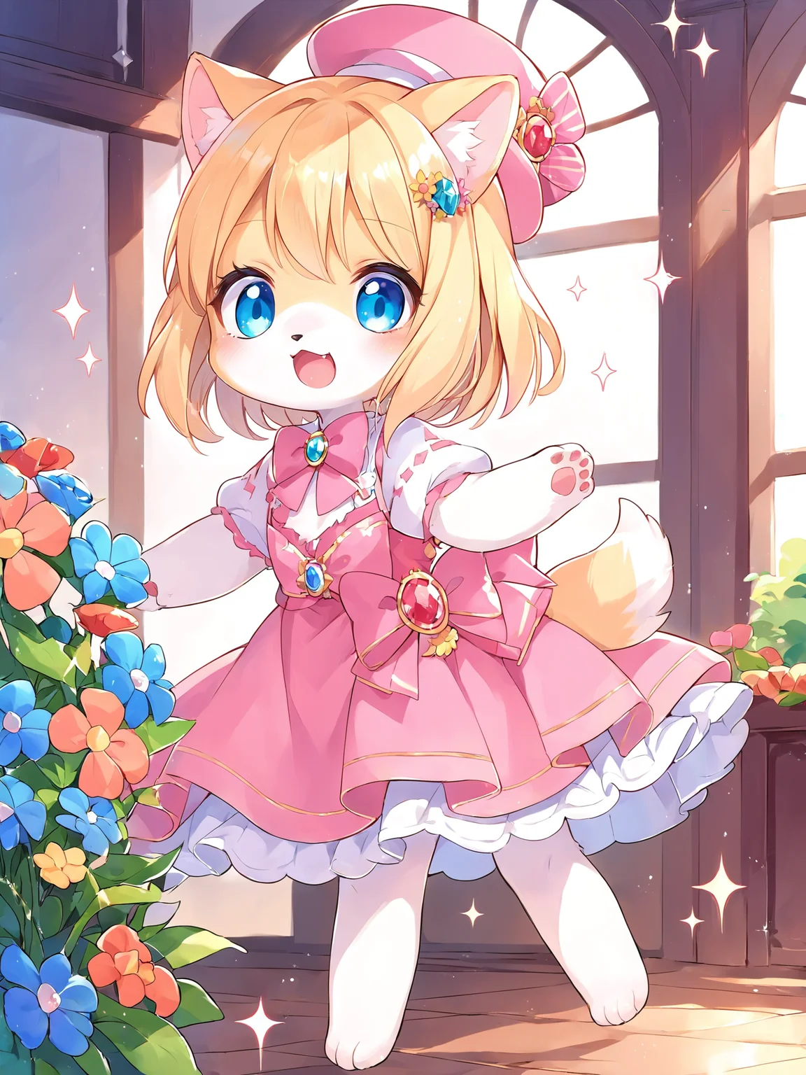 score_9, score_8_up, score_7_up, source_anime, girl,
:3, animal ears, blonde hair, dress, flower, furry female, hat, indoors, jewel pet, luea, nephrite, open mouth, pink bow, short hair, solo, sparkle, tail
 <lora:jewel_pet:0.2>