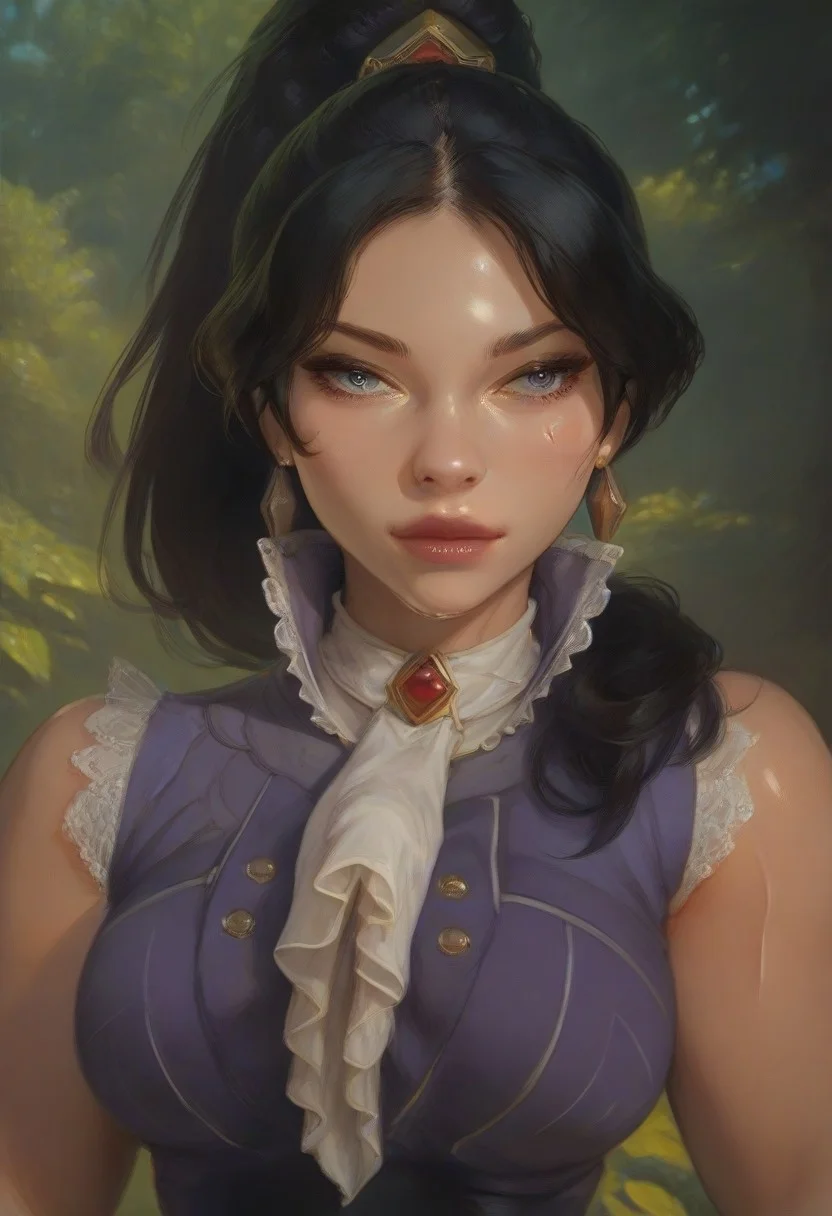 (score_9, score_8_up, score_7_up), score_6_up, best quality, masterpiece, extreme detail, perfect lighting, 4k, 2d, rating_explicit, nsfw, very detailed, best quality, highly detailed texture, depth of field, masterpiece, BREAK, 1girl, ChelXLP, chel, majestic,beautiful bright pupils, black hair, ((ponytail)),green earrings, cute face, (gorgeous face:1.3), (skin detail:1.3), (shadows:1.3), (sweat, steamy, oily, shiny:1.3), ((( black hair, large breasts,perfect body, thick thighs,
high collar, purple vest, white shirt, ascot, long sleeves, black skirt, black pantyhose,
fantasy, solo focus,epic, concept art, realistic, highly detailed, upper body, looking at viewer ))), looking at the viewer, detailed, intricate details, realistic,((( top view))), tan skin,cowboy shot,csr style,g4n1m3,Sculpted grace