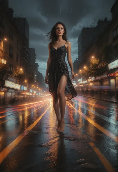masterpiece, best quality, (full body:1.2),skinny, beautiful 5 girl, 20 y.o,she feels raindrops on her face,long dark brown hair, wind,(full lips:1.1), feels the rain, (barefoot:1.5), thin waist,focus on the girl,wet deep viollet (long:1.1) georgeous dress, she run in the middle of the highway,barefoot, against the backdrop of the night Paris, skyscrapers, cars rush, a long trail of light from car headlights (ral-exposure:1.2), (long exposure:1.2), dynamic streaks, luminous trails, vibrant colors, fluid movement, captivating patterns, creative experimentation, (perfect composition:1.3), professional photography,Dynamic,Cinematic,Sharp details, Insane quality. cinematic scene, cinematic lighting, <lora:ral-rndrps-sdxl:0.5> ral-rndrps, <lora:d\EnvyZoomSliderXL01:-1.15> <lora:ral-exposure-sdxl:0.95>
