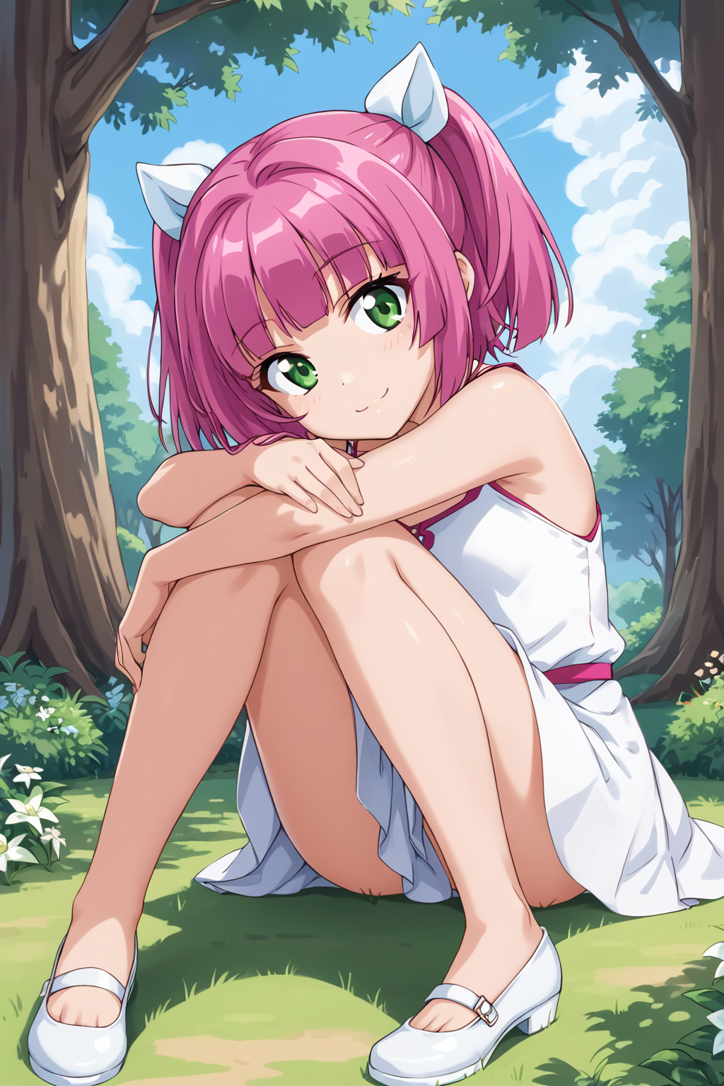 score_9, score_8_up, score_7_up, BREAK source_anime, masterpiece,
1girl,  urin, long hair, short twintails, pink hair, green eyes, hair ribbon, <lora:urin_pony-000030:1>
outdoor, white dress, smile, sitting, hugging own legs, tree,