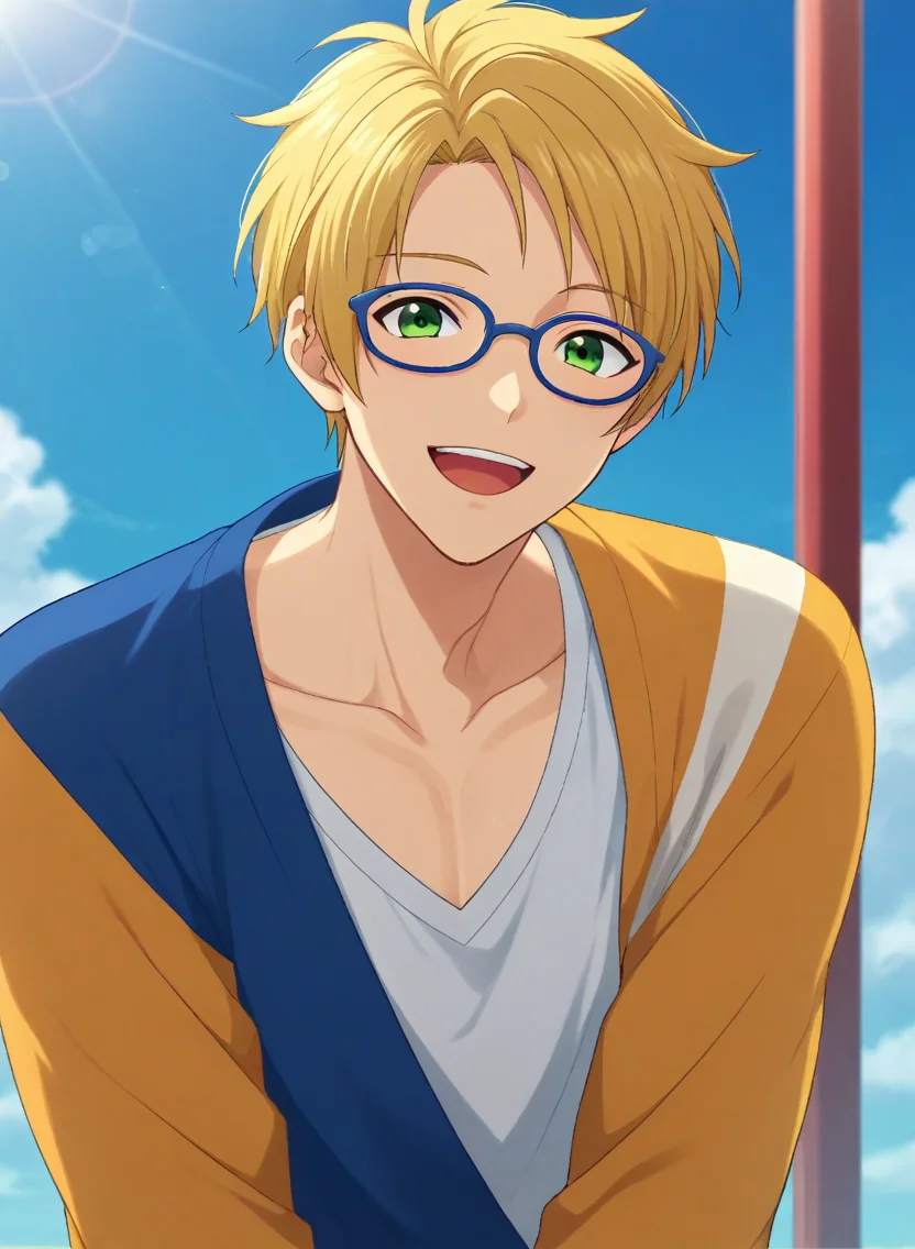 score_9, score_8_up, score_7_up, original style, source_anime, anime screencap, rating_safe, depth of field, BREAK,
1boy, solo, yaoi, male focus,
<lora:yuuki_makoto_pony:1> makoto_yuuki_pony, green eyes, blonde hair, short hair, parted hair, glasses, blue-framed eyewear, happy,
casual, looking at viewer, facing viewer, sky, day, light rays,
<lora:sdxl_lightning_8step_lora:1> <lora:xl_more_art-full_v1:1> <lora:Pony_DetailV2.0:1> <lora:Pony_QualityV4.0:1>