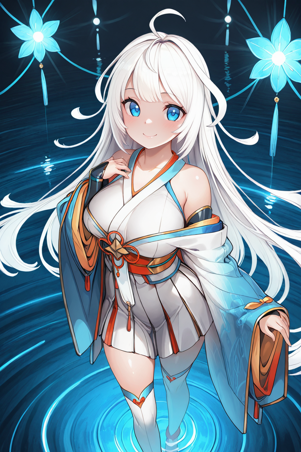 masterpiece, best quality, amazing quality, ultra-detailed, 8k, high contrast <lora:nagi_ayrb_0.2:1>
nagi_ayrb, white hair, very long hair, ahoge, blue eyes,bare shoulders, white kimono, blue sleeves, gold trim,wide sleeves, black kote, short dress, pleated skirt, sash, blue and white clothing,  white thighhighs,
smile, standing on water, reflection, glowing ripples, magical lights,
blue ambient light, ethereal atmosphere, surreal scenery,
rim light, cinematic lighting,