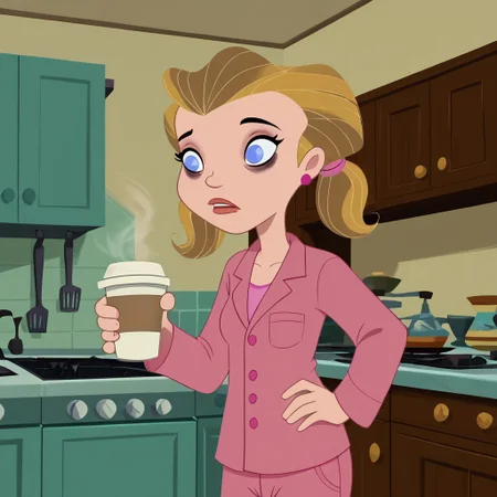 score_9, score_8_up, score_7_up, 1girl, solo,
pale-skin, light blue eyes, medium-length blonde hair, pigtails with pink hair ties, pink pajamas, 
 perfect hands, show accurate, perfect anatomy, med body,
indoors, small perky breasts, kitchen, hand on hip, loose clothing, holding a cup of coffee in hand, sleepy eyes, bags under eyes, loose clothes,