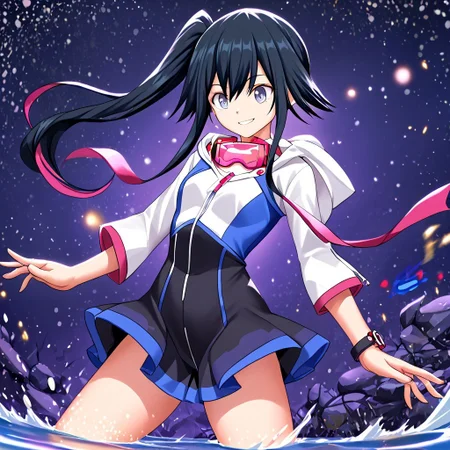 shiki_dwno, long black hair, multicolored hair, side ponytail, gray eyes, giyinka, hood, dress, goggles around neck, purple hologram,   glowing, DonMCyb3rSp4c3XL,  gn_drive, gn_particles,  glowing_eyes, light_particles, sparks, digital world, digital,  dissolving, disintegration, smile,