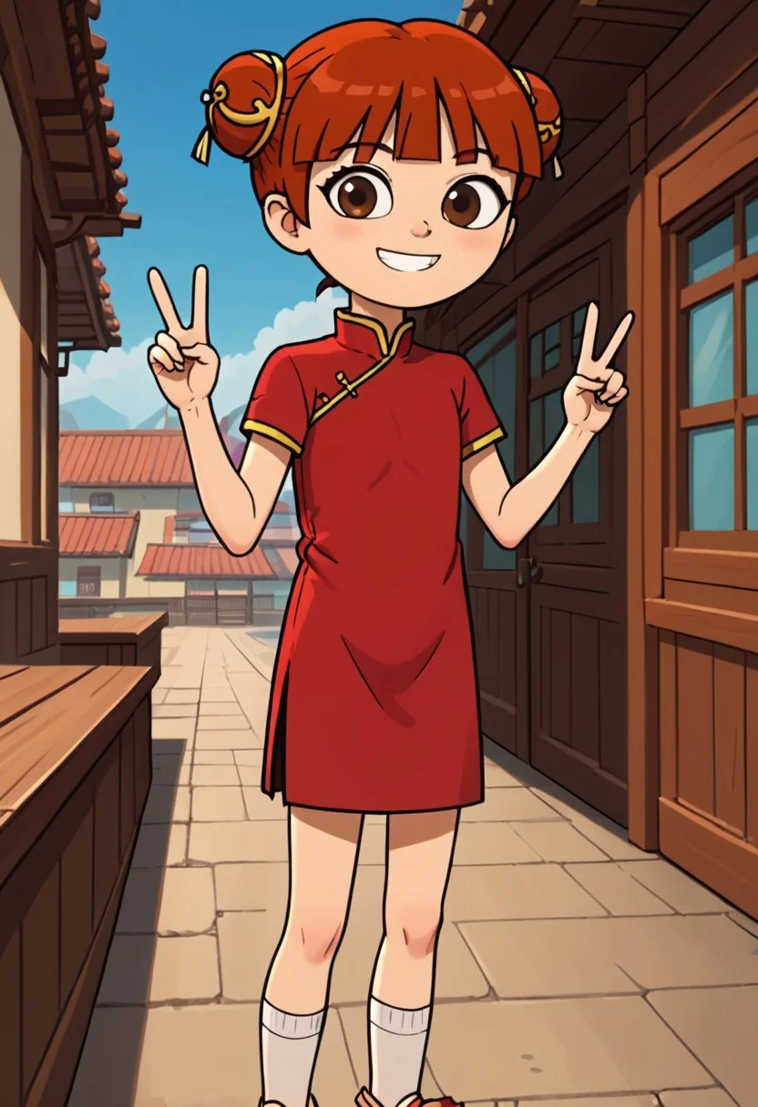 score_9, score_8_up, score_7_up, 1girl, solo, Fiore_DC, light skin, brown eyes, red hair, short hair, Double bun, bun cover, bangs, white socks, sandals, Chinese clothes, China dress, red cheongsam
big eyes, young, petite, small body, short body, child, flat chested, social smile, perfect eyes, perfect smile, looking at the viewer, detailed eyes, perfect eyes, standing, five fingers, perfect hands, hands sign peace, futuristic oedo town, blue sky, daytime, good weather, nice