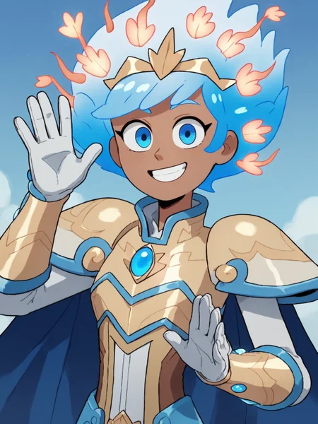 score_9, score_8_up, score_7_up,  score_6_up, BREAK, CalAnn3, 1girl, solo, blue eyes, dark skin, glowing hair, blue hair, blue cape, boots, shoulder armor, white gloves, upper body, looking at viewer, smile, raise left hand, waving  <lora:AnneCalamity:0.7>