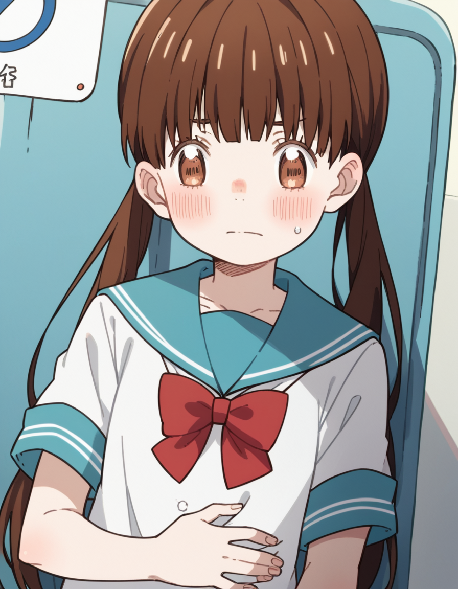 score_9, score_8_up, score_7_up, source_anime, <lora:hinata-kawamoto-s2-ponyxl-lora-nochekaiser:1>, hinata kawamoto, long hair, bangs, brown hair, twintails, brown eyes, low twintails,, shirt, bow, school uniform, white shirt, short sleeves, serafuku, bowtie, sailor collar, red bow, blue sailor collar, red bowtie,, bus stop, waiting, commuter, smartphone, checking time, cold morning, , , hand on stomach, blush,, solo,, dutch angle,