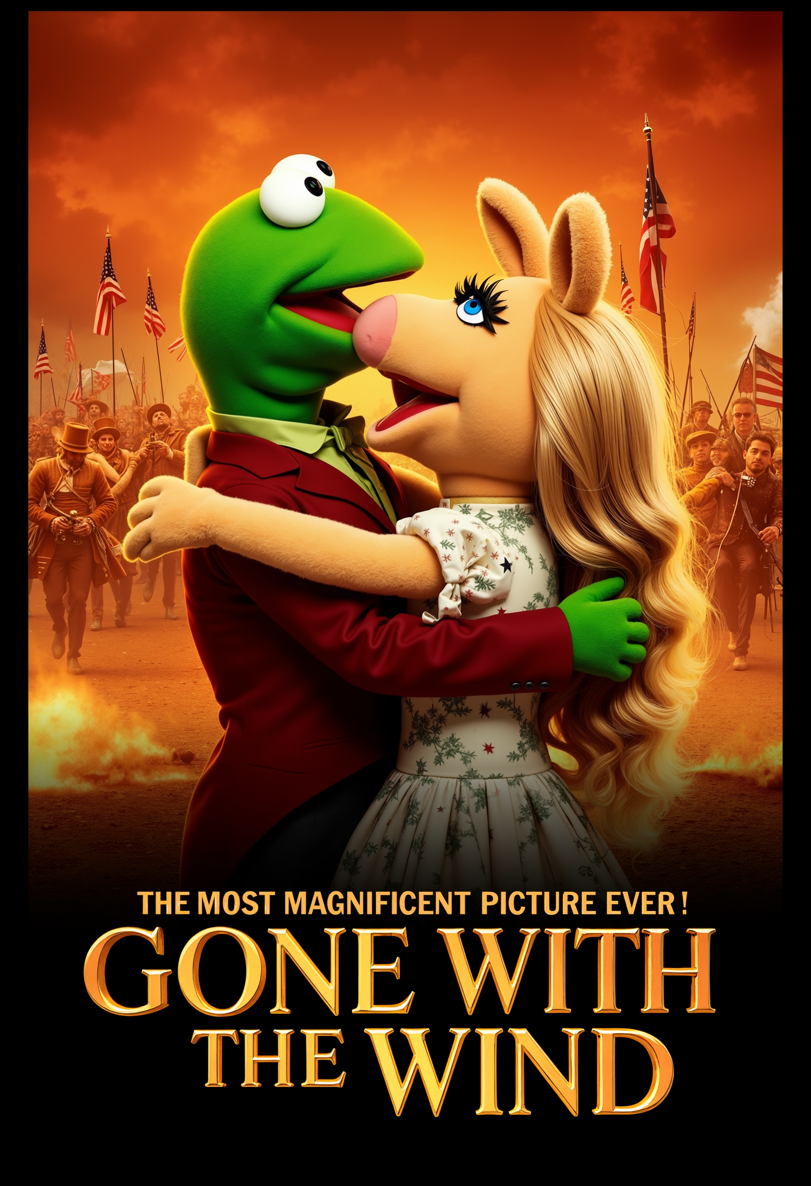 A timeless Gone with the Wind cinema poster features a passionate embrace between Kermit the Frog and Miss Piggy, set against a fiery Civil War backdrop, with the bold text: The most magnificent picture ever! GONE WITH THE WIND.