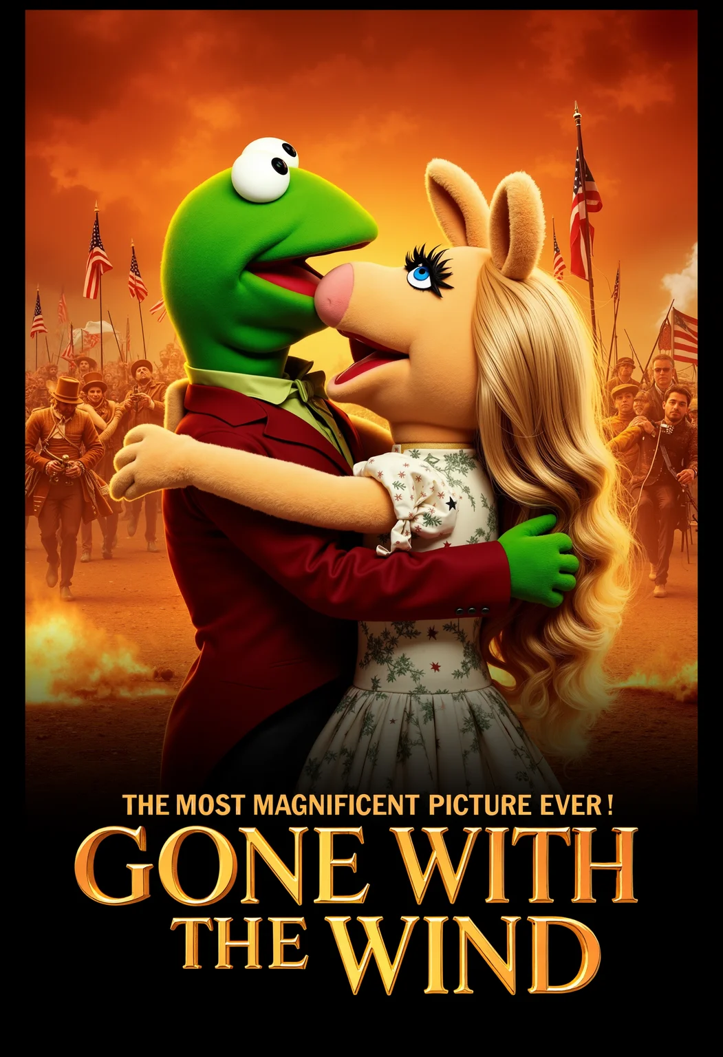 A timeless Gone with the Wind cinema poster features a passionate embrace between Kermit the Frog and Miss Piggy, set against a fiery Civil War backdrop, with the bold text: The most magnificent picture ever! GONE WITH THE WIND.