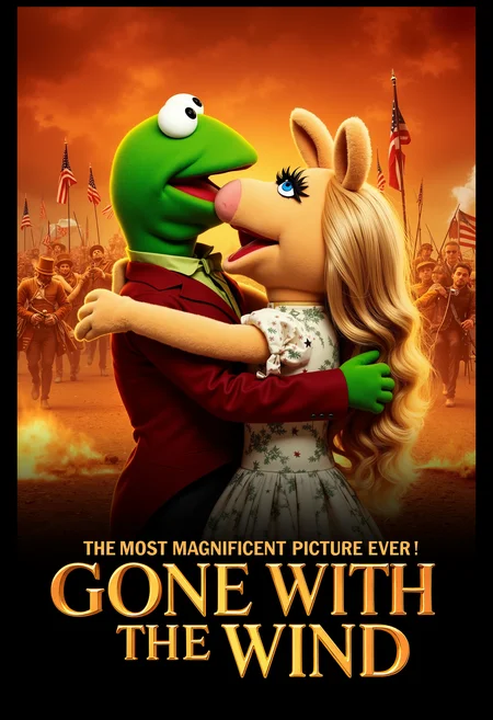 A timeless Gone with the Wind cinema poster features a passionate embrace between Kermit the Frog and Miss Piggy, set against a fiery Civil War backdrop, with the bold text: The most magnificent picture ever! GONE WITH THE WIND.