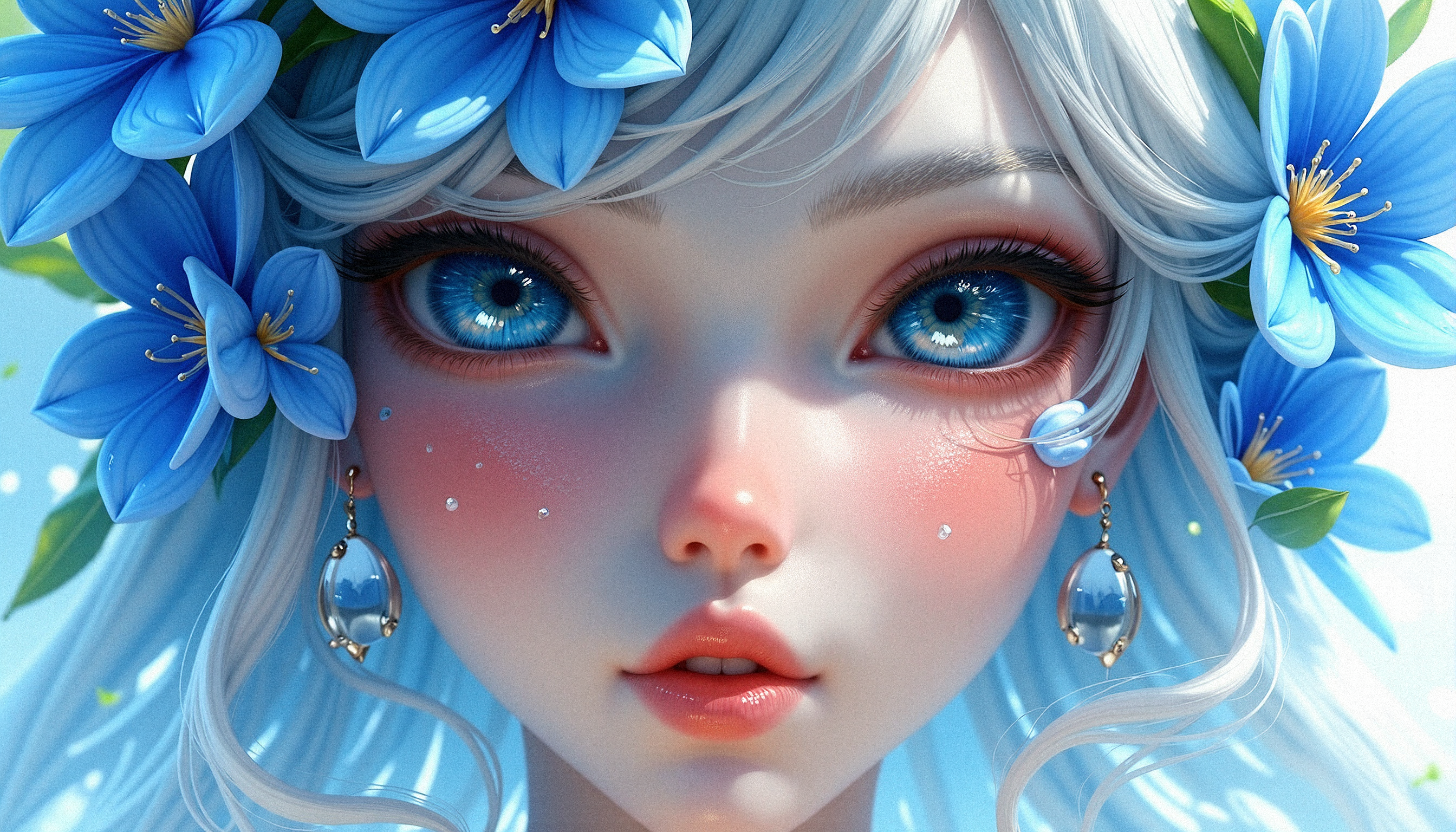 Create a 3d style digital art close-up of a beautiful woman whose face is partially adorned with a vivid array of blue flowers. Their features are delicately defined, with light hair that fades into soft pastel shades of blue and green, creating an ethereal atmosphere. One of their eyes, a strikingly vibrant blue, reflects intricate gemstone-like patterns, radiating an otherworldly glow. The flowers, blooming in shades of blue with hints of pink and white, seem to emerge organically from their skin, as if they are part of the character. The background remains minimal and light, allowing the focus to remain on the fusion of the character's delicate features with the surreal botanical elements. Emphasize the textures of both skin and petals, capturing the interplay of light and shadow for a detailed, dreamlike effect.

Visual Aesthetics to Enhance Photorealism:
Slight lens flare to suggest natural light.
Veined, realistic leaf textures.
High-resolution details on flower pollen.
Accurate depiction of skin’s micro-textures.

With a thoughtful gaze and head tilted back slightly, flowers cascading over the brow and temple.
