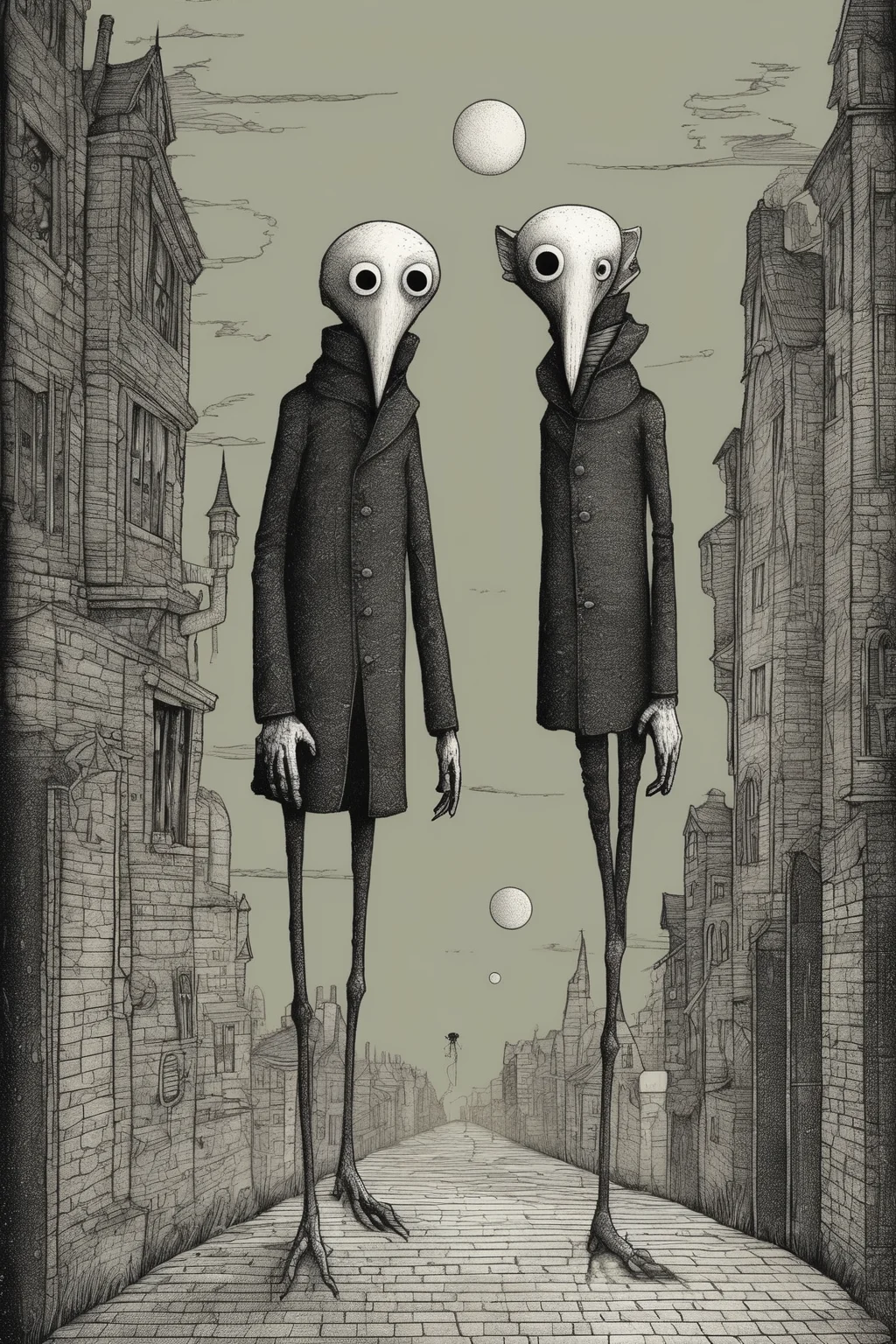 John Kenn Mortensen Style - futuristic cryptid cute style of edward gorey