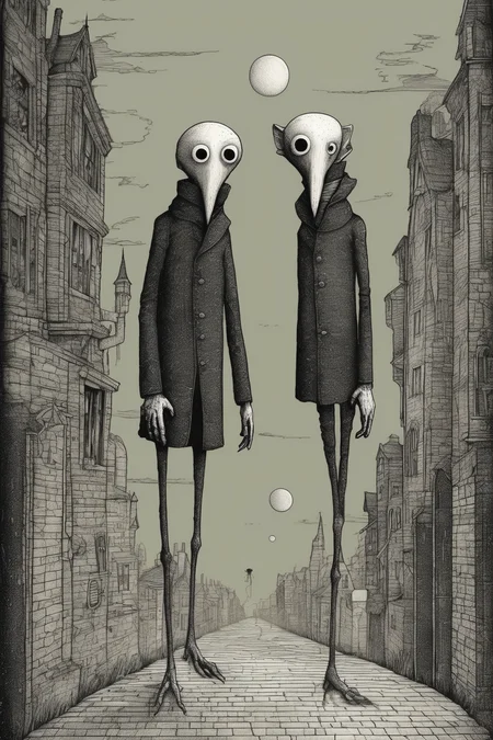 John Kenn Mortensen Style - futuristic cryptid cute style of edward gorey