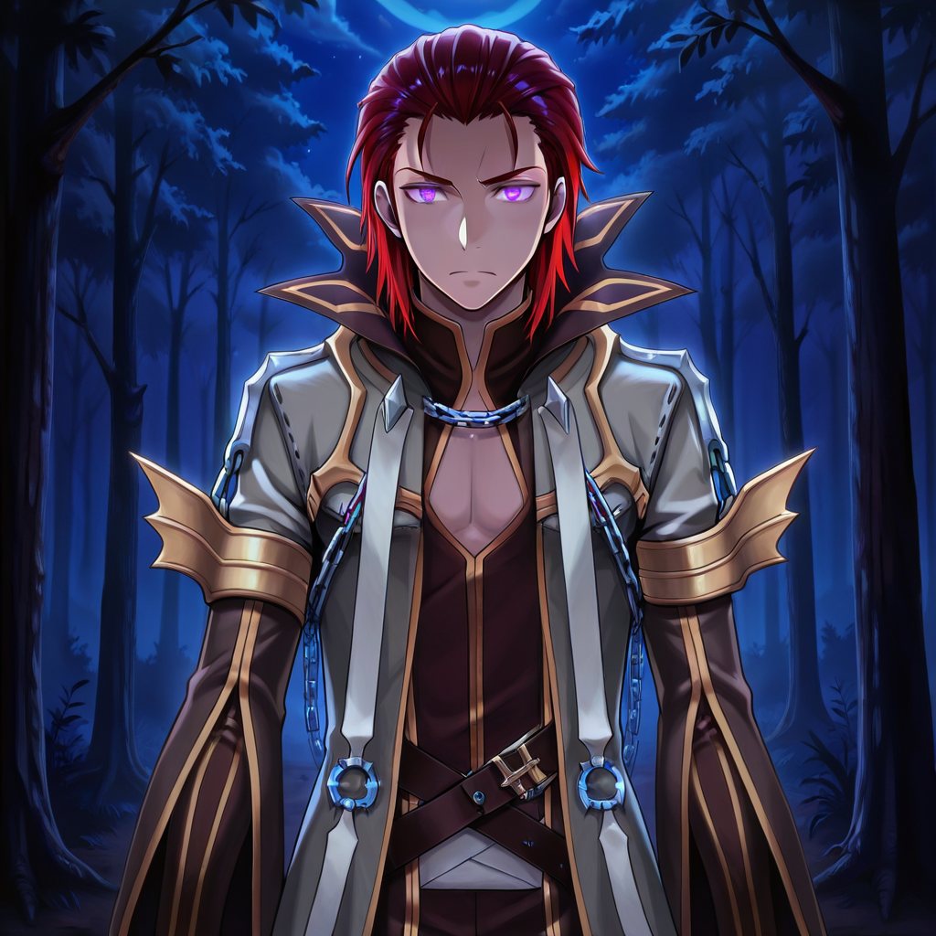 absurdres, highres, masterpiece, best quality, amazing quality, official anime artwork, screencap, anime screencap,
ragnarok online, warlock \(ragnarok online\), (upper body,:1.2)  close-up, 
forest, serious,( glowing eyes, dark purple eyes,:1.1) night, 
(dark red hair,medium hair,:1.1) (hair slicked back,:1.2) 
 <lora:WARLOCK_RO:0.65>rwarlocko, coat, 1boy, male focus, solo, white strips ornament, pants, short hair, chain, bangs, gloves, grey coat, black gloves,   <lora:aidmaImageUpgrader-v0.3-IL:1> aidmaimageupgrader, <lora:DarkSlider1.2_alpha1.0_rank16_full_300steps:-0.47> dark,late night,blue hour,