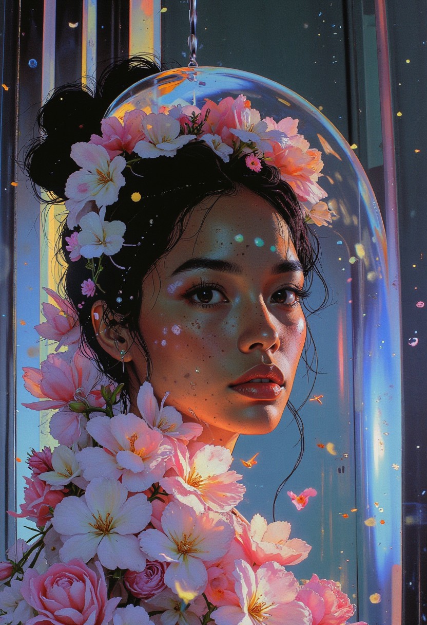 A highly stylized hyper-realistic portrait of a light brown-skinned South Asian woman, entirely enclosed within a large, translucent bubble glowing with radiant hues of lilac and aquamarine. Her flawless complexion is illuminated by the soft, prismatic glow of the bubble, casting gentle highlights on her high cheekbones and enhancing the delicate contours of her face. Her expressive dark eyes shimmer with life, framed by thick lashes, while her lips, slightly parted, gleam with a soft gloss. Cascading down her shoulders, her hair is intricately adorned with jasmine, orchids, and peonies, each petal vividly detailed, with a delicate floral wreath crowning her head, exuding ethereal elegance. The bubble’s iridescent surface refracts light into vibrant, shifting patterns, adding depth to the scene. Behind her, a sleek silver wall forms a striking backdrop, its asymmetrical chrome silver spikes jutting toward the viewer in a dramatic 3D effect, each spike catching and scattering light in dazzling reflections. The interplay of lighting is masterfully balanced, with glowing highlights accentuating the metallic sharpness of the spikes and soft shadows adding dimension to her features and floral embellishments. The portrait is vibrant and intensely detailed, perfectly harmonizing her radiant beauty with the futuristic brilliance of the setting, creating an otherworldly aesthetic.