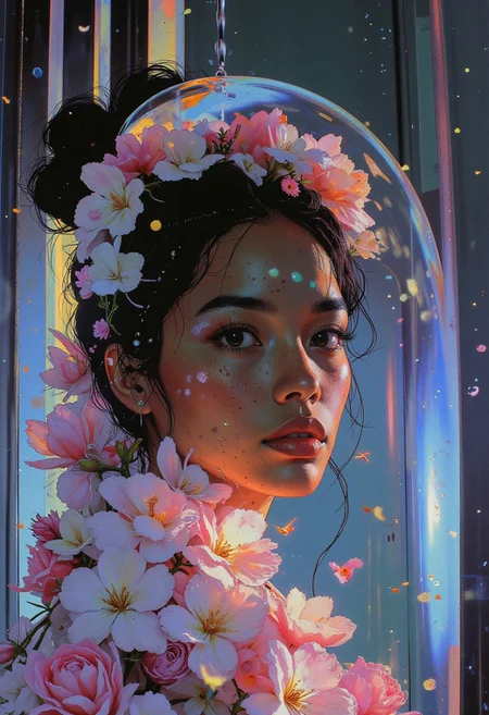 A highly stylized hyper-realistic portrait of a light brown-skinned South Asian woman, entirely enclosed within a large, translucent bubble glowing with radiant hues of lilac and aquamarine. Her flawless complexion is illuminated by the soft, prismatic glow of the bubble, casting gentle highlights on her high cheekbones and enhancing the delicate contours of her face. Her expressive dark eyes shimmer with life, framed by thick lashes, while her lips, slightly parted, gleam with a soft gloss. Cascading down her shoulders, her hair is intricately adorned with jasmine, orchids, and peonies, each petal vividly detailed, with a delicate floral wreath crowning her head, exuding ethereal elegance. The bubble’s iridescent surface refracts light into vibrant, shifting patterns, adding depth to the scene. Behind her, a sleek silver wall forms a striking backdrop, its asymmetrical chrome silver spikes jutting toward the viewer in a dramatic 3D effect, each spike catching and scattering light in dazzling reflections. The interplay of lighting is masterfully balanced, with glowing highlights accentuating the metallic sharpness of the spikes and soft shadows adding dimension to her features and floral embellishments. The portrait is vibrant and intensely detailed, perfectly harmonizing her radiant beauty with the futuristic brilliance of the setting, creating an otherworldly aesthetic.
