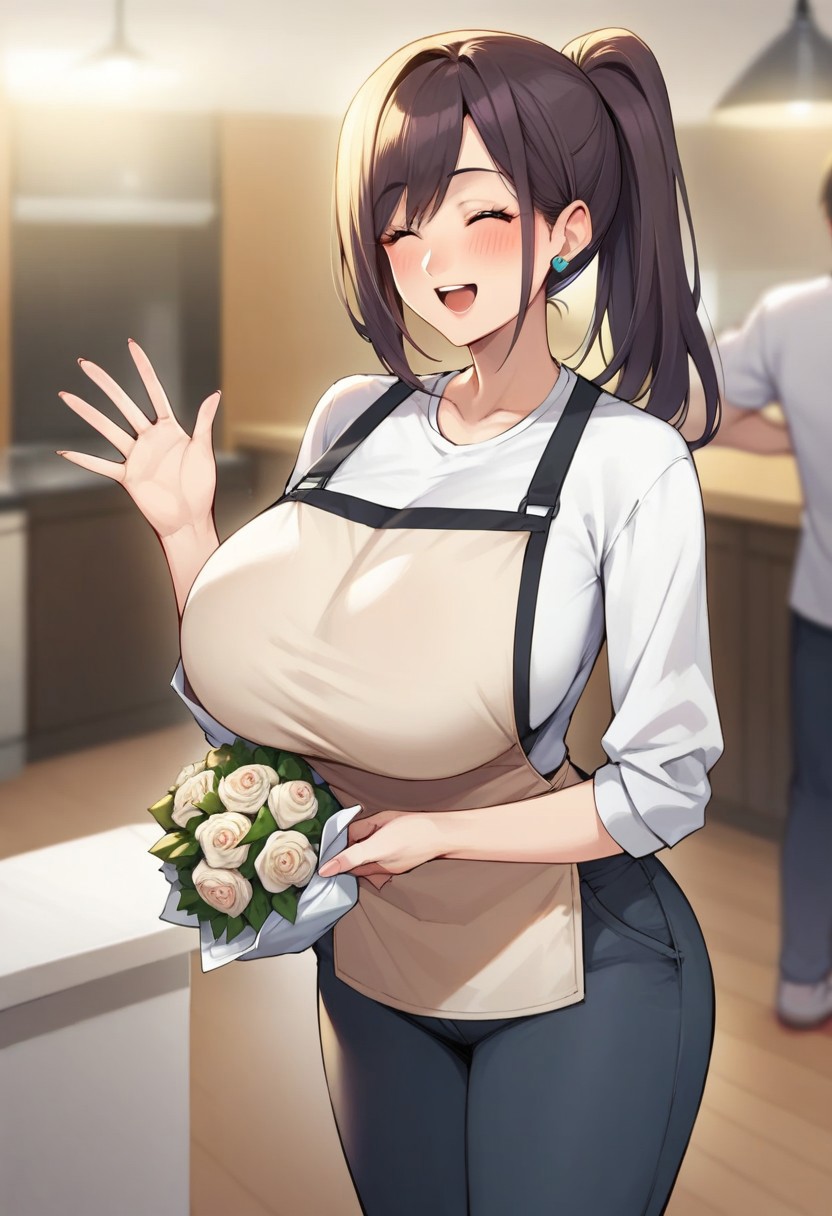 score_9,score_8_up,score_7_up,score_6_up,blurry, blurry background, mature womanm,breasts, bouquet, ponytail, apron, 1girl, faceless, apron,waving, flower, smile, open mouth, huge breasts,shirt, pants, closed eyes, blush