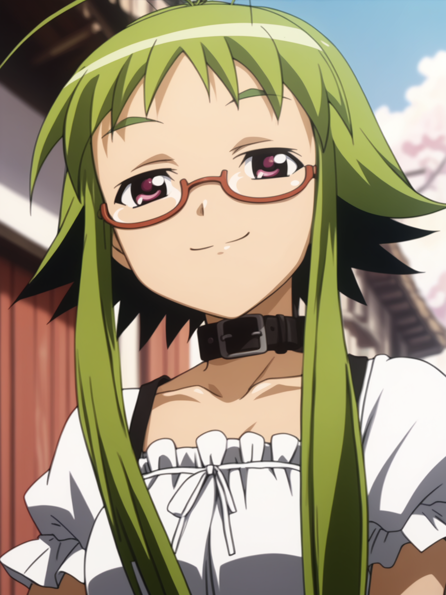 <lora:happy_tentacle-ikachihaya-v0.2-000010:1>, ht_ikachihaya, glasses, collar, antenna hair, smug, outdoors cowboy shot, 1girl, (petite:1.2), solo focus, (looking at viewer:1.1), , (depth of field:0.8), (from below:0.8), score_9, score_8_up, score_7_up, score_6_up, score_5_up, score_4_up,