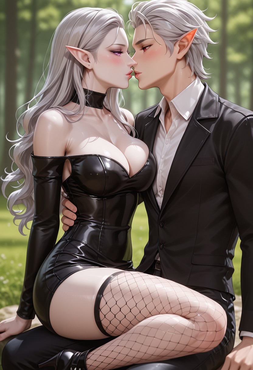 score_9_up, score_8_up, score_7_up, masterpiece, absurdres, raytracing, ambient occlusion, dynamic, cinematic, depth of field,8K,illustration, shiny hair,clear skin,ultra-detailed-eyes, (perfectly shaped lips:1.3), ((ultra-detailed faces:1.3)),(((tenderly kissing lips, half lidded eyes, blushing))), ((duo:1.2)), (((1woman, pointy ears, purple eyes, long straight silver hair, pale skin, large breasts))), ((the woman wears a red and black dress, shoulder cutout, off-shoulder dress, thigh high fishnet stockings, high heels knee boots)), (((Astarion, 1man, pointy ears, red eyes, white hair, medium length, semi curls perfectly styled hair, with a single charming loose strand over the right side of his forehead, sharp jawline, graceful male face features, little forehead wrinkles, extremely pale skin, toned body, tall))), ((the man is tall and muscular, wearing a  white shirt and black jacket, denim pants, and combat boots)), Idyllic forest background, sunset