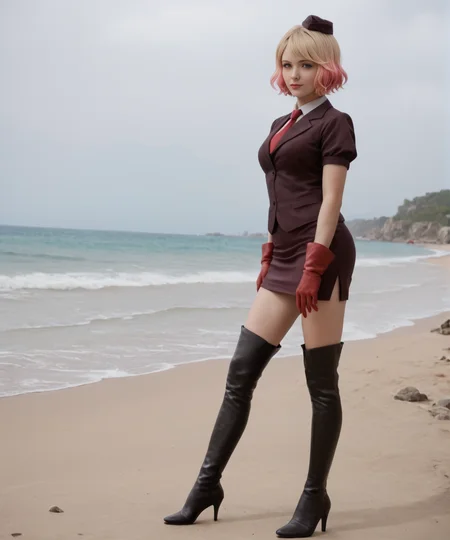 <lora:Catherine_Ward:0.9> evilycatherineward, 1girl, solo, blonde hair, gloves, multicolored hair, necktie, red gloves, gradient hair, thighhighs, thigh boots, short hair, pencil skirt, hat, pink hair, short sleeves, green eyes, high heels, full body, realistic, photorealistic, score_9, score_8_up, score_7_up, high contrast, film grain, Rim Lighting, masterpiece, best quality, high quality, realistic anatomy, 4k, highres, 8k, detailed skin, detailed face, centered, hyperdetailed, extremely detailed, Ultra-realistic, ultra quality, 8K UHD, photorealism, hyperrealism, attention to details, zPDXL3, break, outdoors, beach, water, standing, looking at viewer