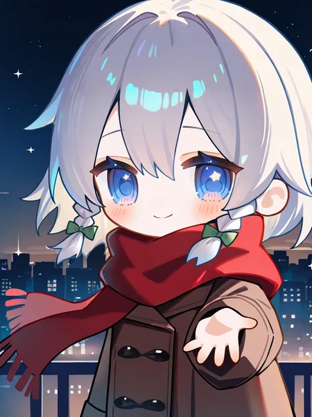 1girl,,solo,night_sky,looking_at_viewer,night,star_(sky),light_blush,shy,standing,reaching_out,beckoning,outdoors,upper body,smile,coat,red scarf,gradient_background,cityscape,city_lights,izayoi sakuya,(chibi:1.3),<lora:fanggeCL-000024>, masterpiece, best quality, very aesthetic, absurdres