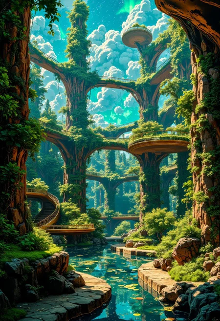 The Celestial Biome of Whispering Leaves
A suspended atrium, where gilded vines stretch towards a luminous aurora, shifting in color from deep emerald to warm amber as they sway in the artificial gravity. Massive, planet-like terrariums, filled with miniature cloud forests, hover within a framework of twisting brass and translucent stone pillars, creating an endless labyrinth of greenery and starlight. The floor is a soft, living carpet of blue-green moss and crystalized ferns, pulsing in sync with an unseen celestial heartbeat. The scent of ancient cedarwood, lavender fog, and hints of cardamom fills the air as faint echoes of deep-space whalesong ripple through the biosphere.