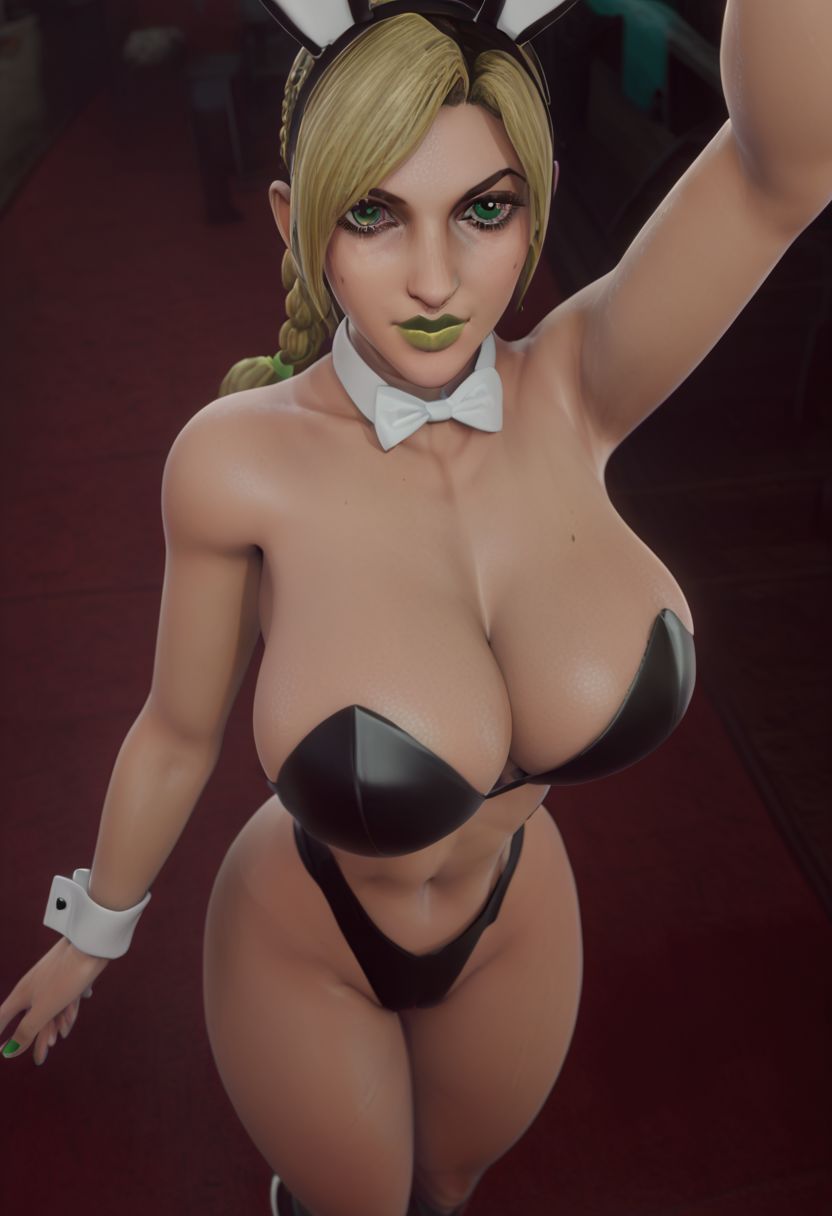 score_9, score_8_up, score_7_up, score_6_up, score_5_up, score_4_up, closed mouth, BREAK solo,  large breast, thick thighs,   simple background,  negative_hand,   X3dCE, 3d,  looking at viewer,  OverallDetail,   realistic, ultra realistic, multicolor hair, braided hair, makeup, green lipstick, joylne cujoh,  transpbun, full body shot, standing, able to see stomach, transpbun, bunny outfit,